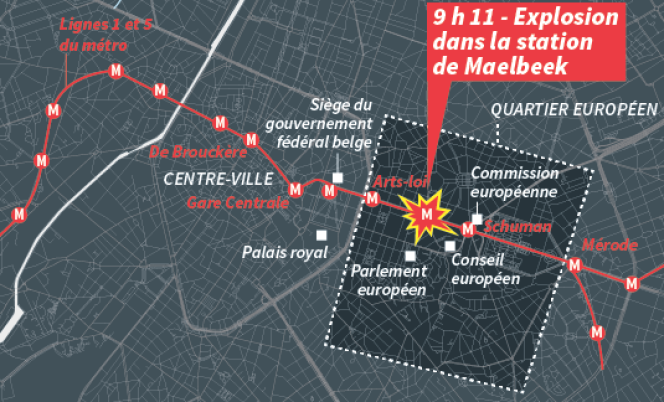 Le quartier européen de Bruxelles, où a eu lieu une explosion dans la station de métro de Maelbeek, mardi 22 mars.