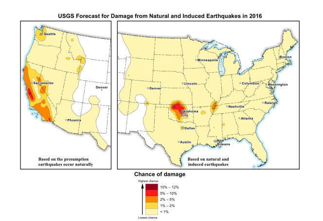 La carte de l'USGS, qui indique tous les séismes, naturels et résultant de la fracturation, survenus entre 1980 et 2015 dont la magnitude était égale ou supérieure à 2,5 sur l’échelle ouverte de Richter.