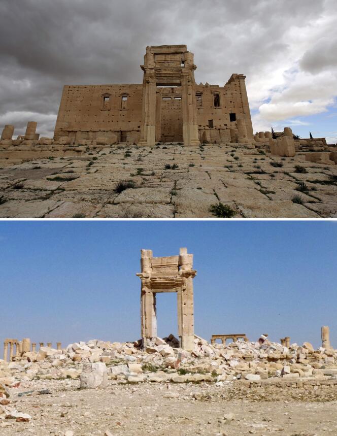 Le temple de Bêl, à Palmyre. En haut, en 2014, avant sa destruction par l'Etat islamique. En bas, le 27 mars, après la reprise de la ville par l'armée syrienne.