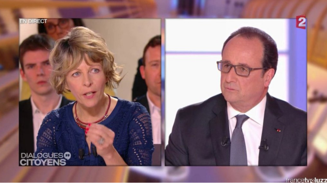 François Hollande face à Véronique Roy, mère d’un jeune parti en Syrie dans les rangs de l’EI, le  jeudi 14 avril 2016 sur France 2.