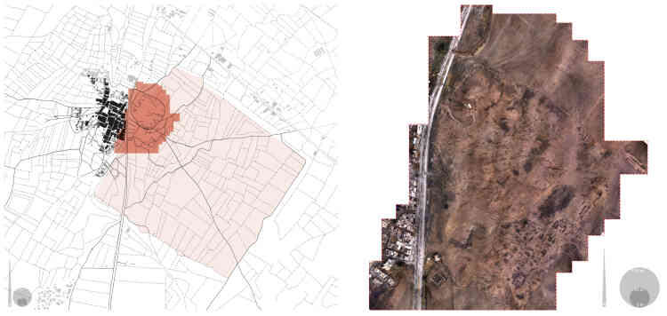 A Khorsabad, tenue par les djihadistes de l’EI, à 15 km au nord de Mossoul, le plan global en rose pâle de la citadelle assyrienne, nouvelle capitale de Sargon II (VIIIe siècle av. J.-C.), et de son palais en rose foncé. A droite, le modèle 3D du site archéologique.