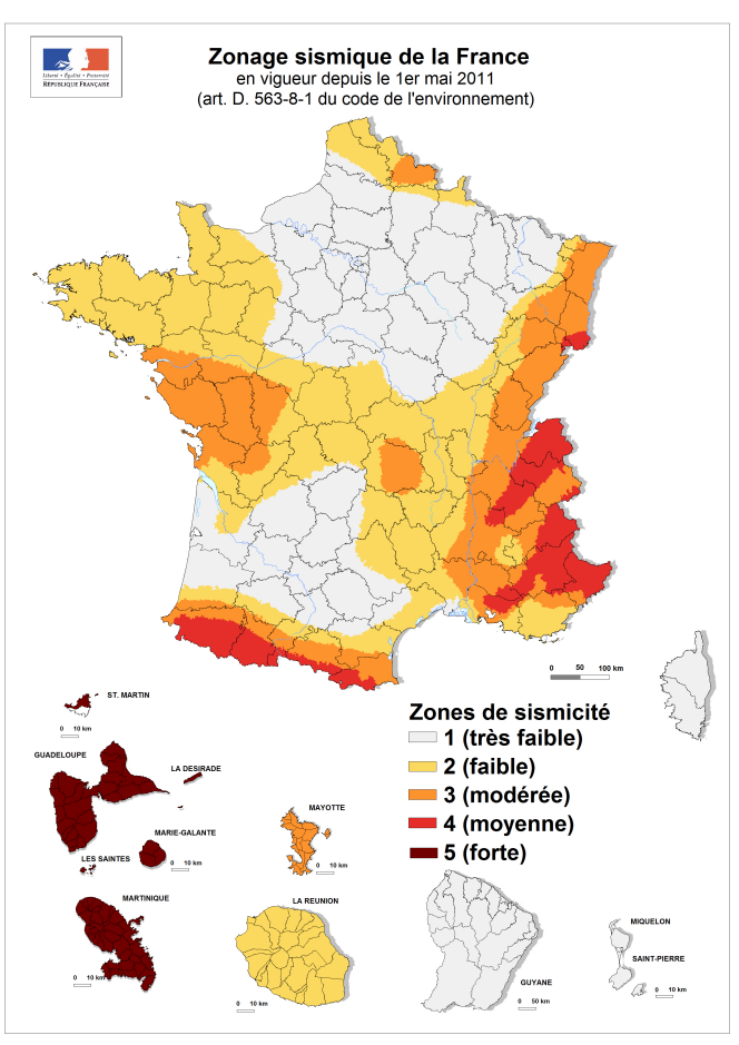 La carte des zones sismiques en France, entrée en vigueur en mai 2011.