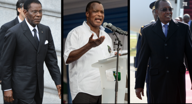 De gauche à droite: l'Equato-Guinéen Teodoro Obiang Nguema Mbasogo, Denis Sassou Nguesso à la tête du Congo et Idriss Déby, président du Tchad.