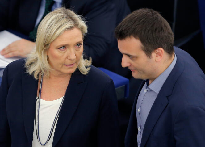 Marine Le Pen et Florian Philippot, présidente et vice-président respectifs du Front national, le 10 mai 2016, au Parlement européen, à Strasbourg.