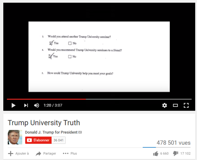 « Recommanderiez-vous les cours de l’Université Trump à un ami ? » Face à la polémique, Donald Trump tente de réhabiliter son Université dans une vidéo.