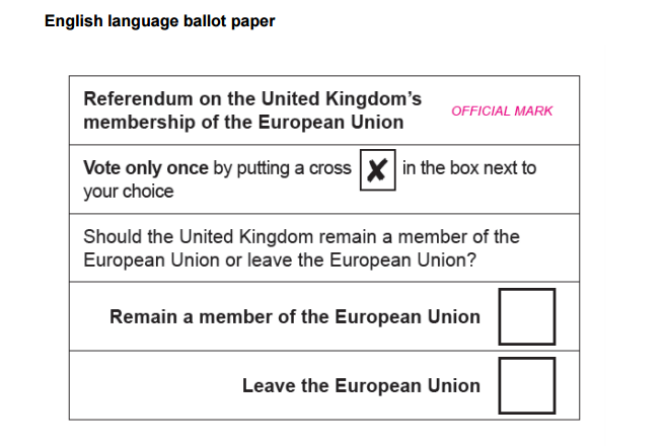 Le bulletin avec lequel les électeurs britanniques vont voter, le 23 juin.