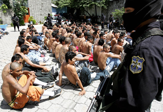 Des gardes des forces de sécurité détiennent environ 200 membres de la « Mara 18 » arrêtés à Soyapango, auSalvador, le 12 juillet 2006.
