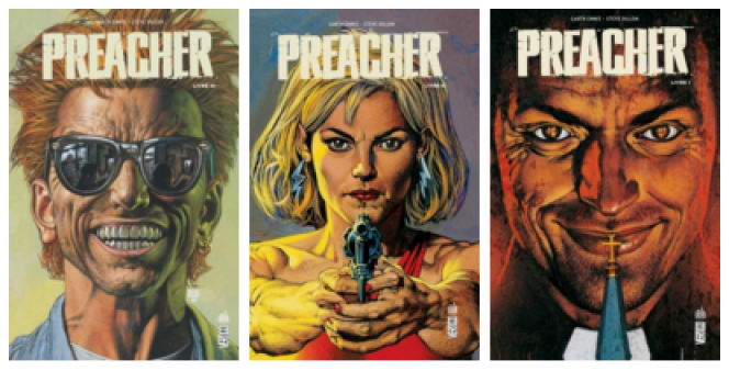 Cassidy, Tulip et Jesse sur les couvertures françaises du comic « Preacher ».
