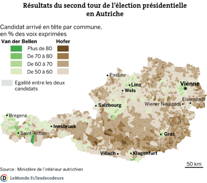 LES DECODEURS - Carte des résultats du second tour de l’élection présidentielle en Autriche.