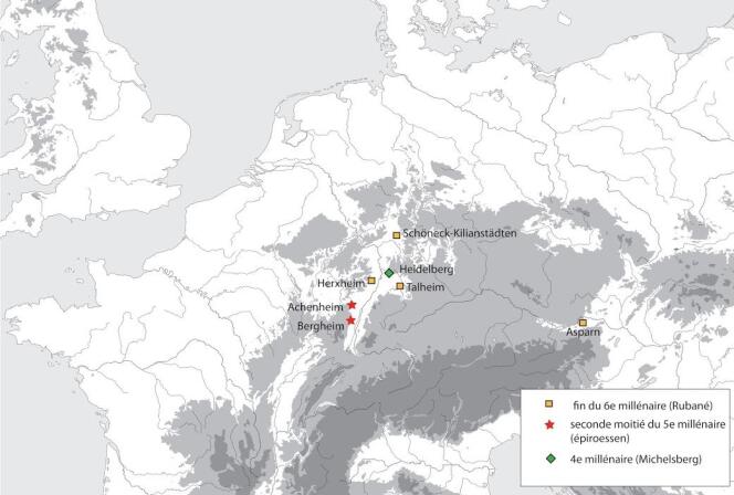 Carte montrant plusieurs sites du néolithique où des scènes de massacres ont été mises au jour.