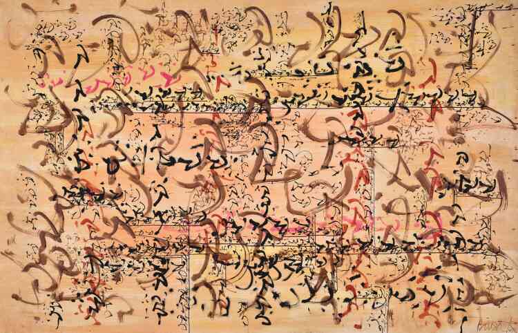 « La calligraphie est une constante de l’œuvre picturale de l’Anglais Brion Gysin. Pendant la seconde guerre mondiale, il avait appris plusieurs styles avec un maître calligraphe japonais. Mais c’est surtout son long séjour à Tanger, à partir des années 1950, et sa connaissance de l’écriture arabe, qui ont une importance décisive. »