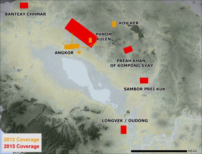 Carte des sites photographiés au rayon laser Lidar héliporté au Cambodge.