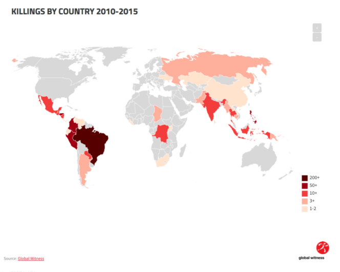 Nombre d’assassinats liés à des enjeux environnementaux, par pays entre 2010 et 2015.