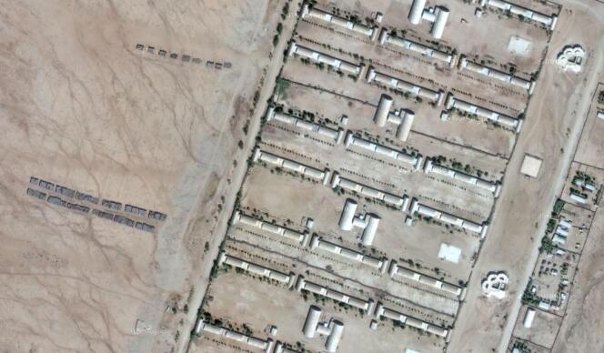 Détail d’une vue satellite du camp de Sawa, au centre de l’Erythrée, à une vingtaine de kilomètres de la frontière soudanaise. A gauche des baraquements, les stands d’entraînement au tir.