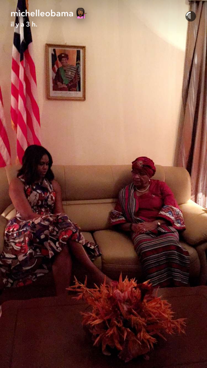 Michelle Obama rencontre la présidente du Liberia, Ellen Johnson Sirleaf, à Monrovia, le 27 juin 2016
