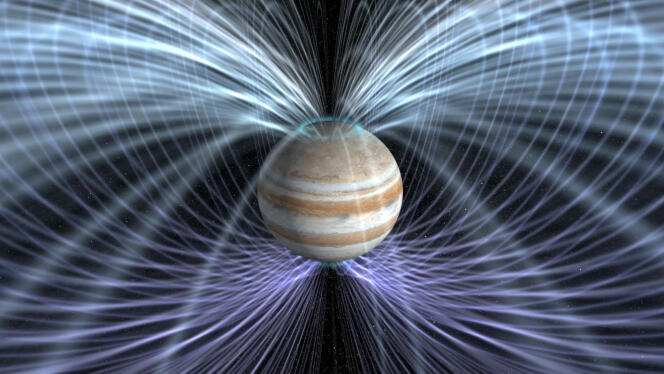 Vue d’artiste représentant les puissants champs magnétiques qui entourent Jupiter et les aurores ultraviolettes qu’ils engendrent aux pôles.