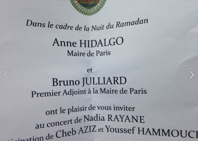 Invitation envoyée pour la nuit du ramadan par la mairie de Paris.