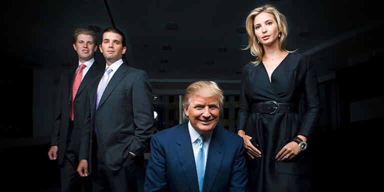 American businessman and television personality Donald Trump is grooming his children Ivanka, 28, Donald Jr., 32, and Eric, 26, to take over the family business.