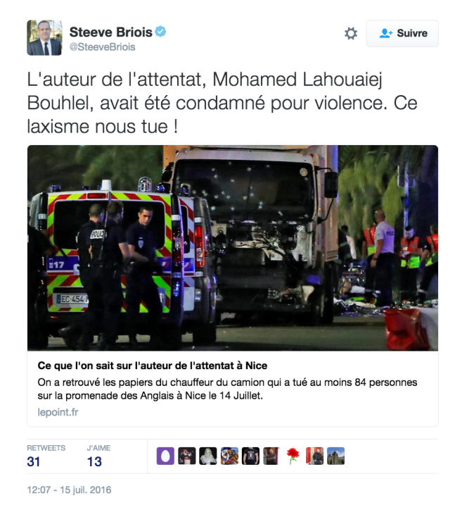 Le tweet du député européen FN et maire d’Hénin-Beaumont Steeve Briois.