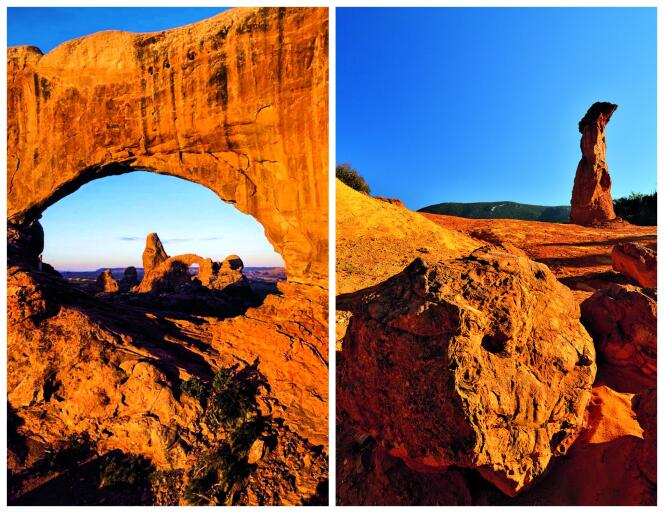 A gauche, le parc national des Arches, sur le plateau du Colorado, dans l’Utah (Etats-Unis). A droite, une « cheminée des fées », dans le parc naturel régional du Luberon.