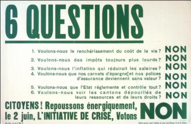 Affiche pour la votation sur l’initiative de crise de 1935.