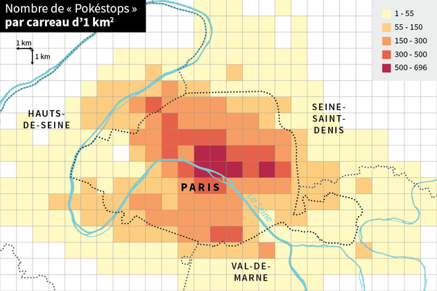 Répartition des pokéstops par zones d’un kilomètre carré.