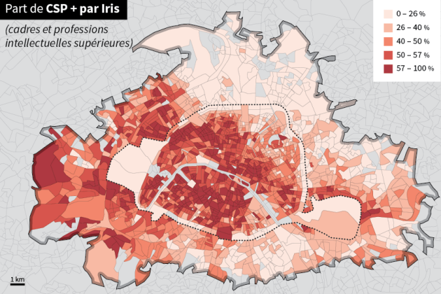 La répartition des classes supérieures par IRIS dans la région parisienne.