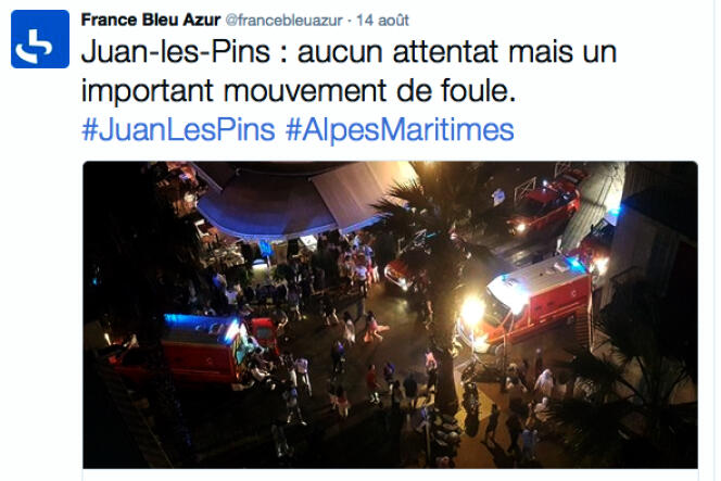Message twitter de la station France Bleu Azur le soir du 14 août 2016.