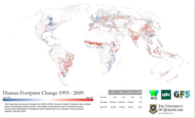 Les changements dans la pression humaine sur l’environnement intervenus entre 1993 et 2009 sont indiqués sur cette carte en rouge (croissant) et en bleu (décroissant).