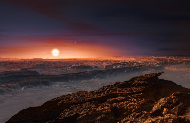 Vue d’artiste de la surface de la planète Proxima b, qui tourne autour de la naine rouge Proxima Centauri, l’étoile la plus proche du système solaire. On devine aussi les étoiles Alpha Centauri A et B, qui complètent le système stellaire du Centaure.