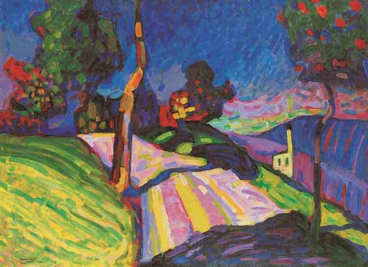 « L’arbre ou le mât situé à gauche du centre est intéressant : tordu, il donne du mouvement à la composition. La liberté du traitement de la couleur et la dynamique qu’elle apporte à la représentation sont des préalables qui conduisent les œuvres de Kandinsky à l’abstraction. »