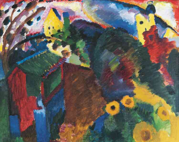 « Le format à l’italienne de cette toile reproduit une vue de Murnau depuis le jardin de la maison où Kandinsky passait les mois d’été. La dynamique de la nature évoque un “globe terrestre” et anticipe des constructions picturales analogues des années à venir. »