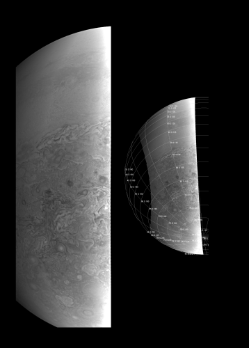 Vue du pôle sud de Jupiter, alors que la sonde Juno se trouvait à 38 000 kilomètres du sommet des nuages.