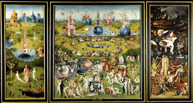 « Le Jardin des délices », de Jérôme Bosch (v. 1450-1516), huile sur bois, 185,8 x 172,5 cm (panneau central) ; 185,8 x 76,5 cm (panneaux de droite et de gauche), exposé au Musée du Prado à Madrid.