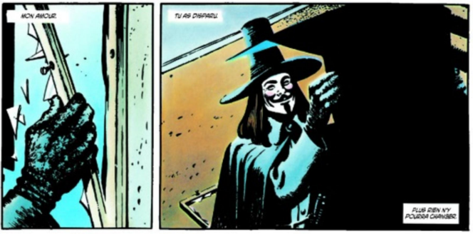 Extrait de « V pour Vendetta », un des comics écrits par Alan Moore.