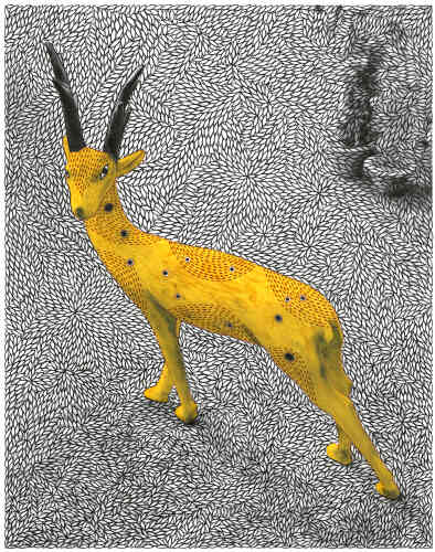 « The Golden Deer », Ayodhya, 2015. Tirage en noir et blanc avec dessins additionnels de Mahalaxmi & Shantanu Das.