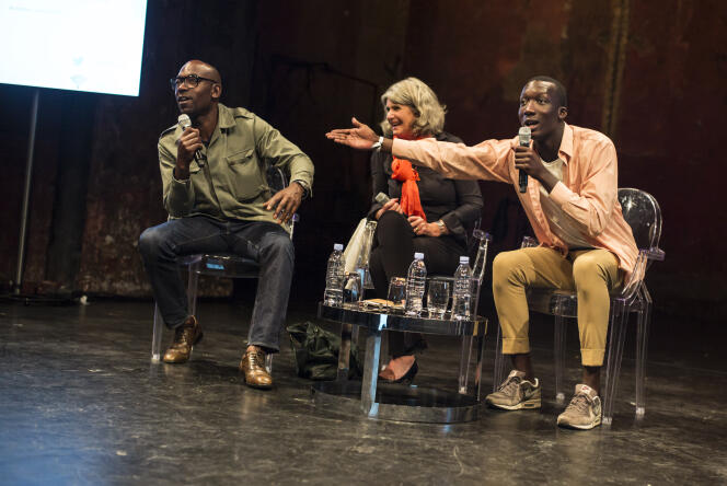 Lucien Jean-Baptiste, Karine Gloanec-Maurin et Souleymane Sylla lors du débat du Monde Festival aux Bouffes du Nord, le 17 septembre.