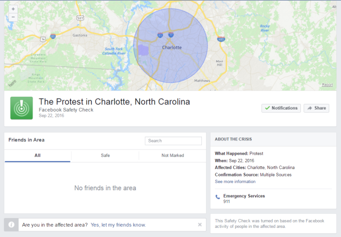 Le « safety check » a été déclenché dans le cadre des manifestations à Charlotte.
