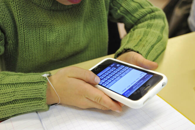 Un élève de CE1 écrit un message sur un téléphone portable lors d'une leçon sur le fonctionnement de Twitter, le 5 décembre 2011 à l'école privée Immaculée Conception de Seclin.