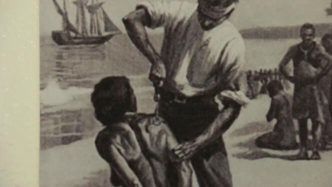 Gravure représentant un homme marqué au fer par un colon portugais.