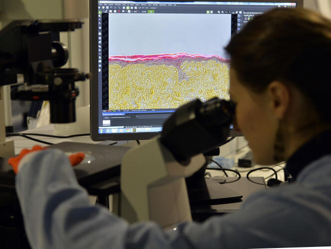 Contrôle de qualité pendant la bio-impression de cellules, dans le laboratoire de Poietis, à Pessac (Gironde), en janvier.