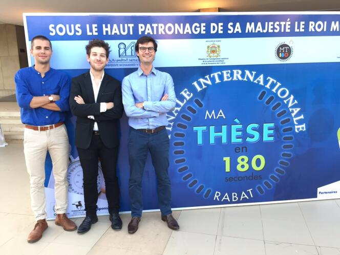 Parmi les trois doctorants lauréats de la finale française, (de gauche à droite) Bertrand Cochard, Mathieu Buonafine et Nicolas Urruty (distingué à Rabat).