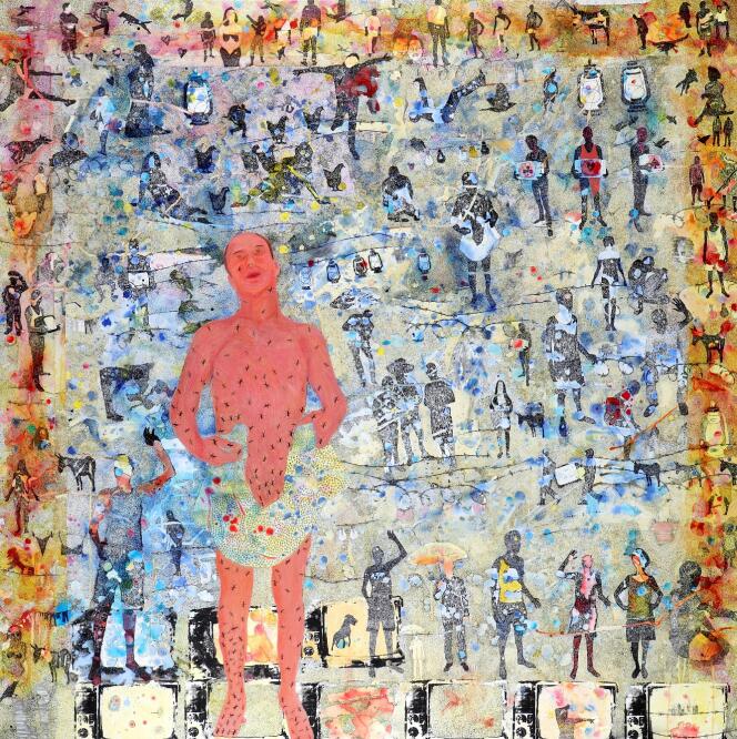 Slimen Elkamel, « En attendant… », acrylique et transfert sur toile, 197 x 197 cm, 2016.