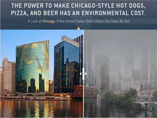 Image de la ville de Chicago aujourd'hui (à gauche) ou comme elle aurait pu apparaître sans mesure contre la contamination atmosphérique. Image SaveOnEnergy.com.