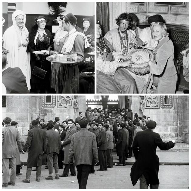 En haut : le 15 juin 1933, fête de bienfaisance à la mosquée, en présence de son premier recteur, Si Kaddour Benghabrit, et de la maréchale Lyautey ; en 1955, l’actrice Michèle Morgan entourée de faux Touareg dans le restaurant du lieu pour la promotion du film « Oasis », d’Yves Allégret. En bas : le 9 mars 1956, départ d’une manifestation d’ouvriers en grève à l’appel du Mouvement national algérien.