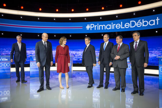 Bruno Le Maire, Alain Juppé, Nathalie Kosciusko-Morizet, Nicolas Sarkozy, Jean-François Copé, Jean-Frédéric Poisson et François Fillon participent au premier débat télévisé de la primaire à droite, jeudi 13 octobre.