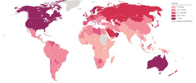 Empreinte écologique moyenne par habitant dans chaque pays en 2012.
