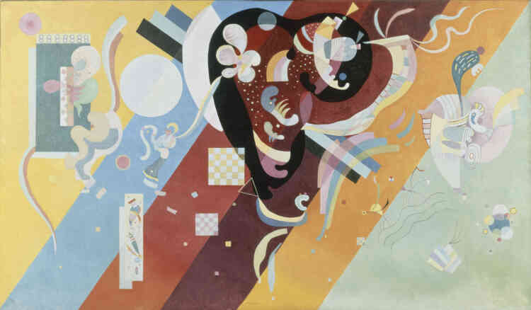 « En 1936, Kandinsky reprend le cycle des compositions amorcé en 1911 du temps du “Blaue Reiter” (“Le Cavalier bleu”). Précédée d’une étude préparatoire, la composition amalgame un fond géométrique et quantité de motifs biomorphiques en suspension. Elle est magistrale, bariolée, chatoyante et vibrante. »