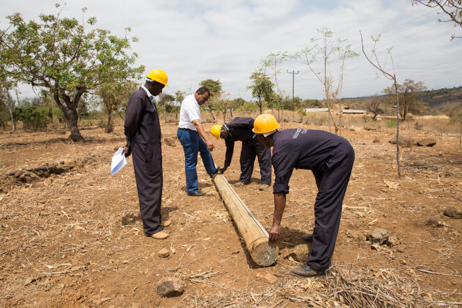 L’équipe de Peter Njenga vérifie la longueur du poteau électrique avant de le dresser.