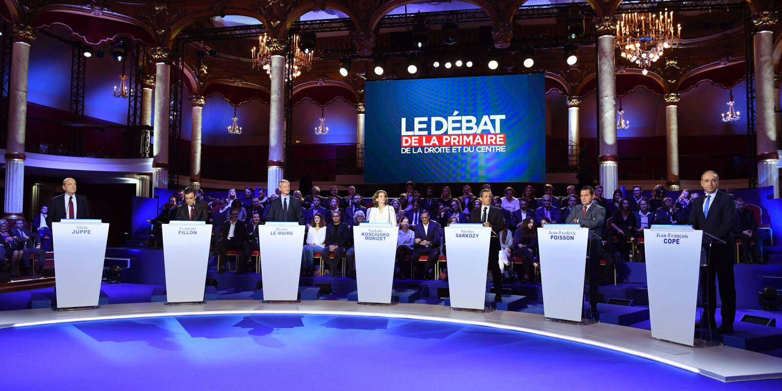 Bruno Le Maire, Alain Juppé, Nathalie Kosciusko-Morizet, Nicolas Sarkozy, Jean-François Copé, Frédéric Poisson et François Fillon participent au deuxième débat de la primaire de la droite.